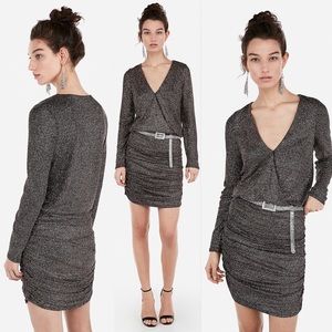 Express Metallic Ruched Surplice Mini Dress